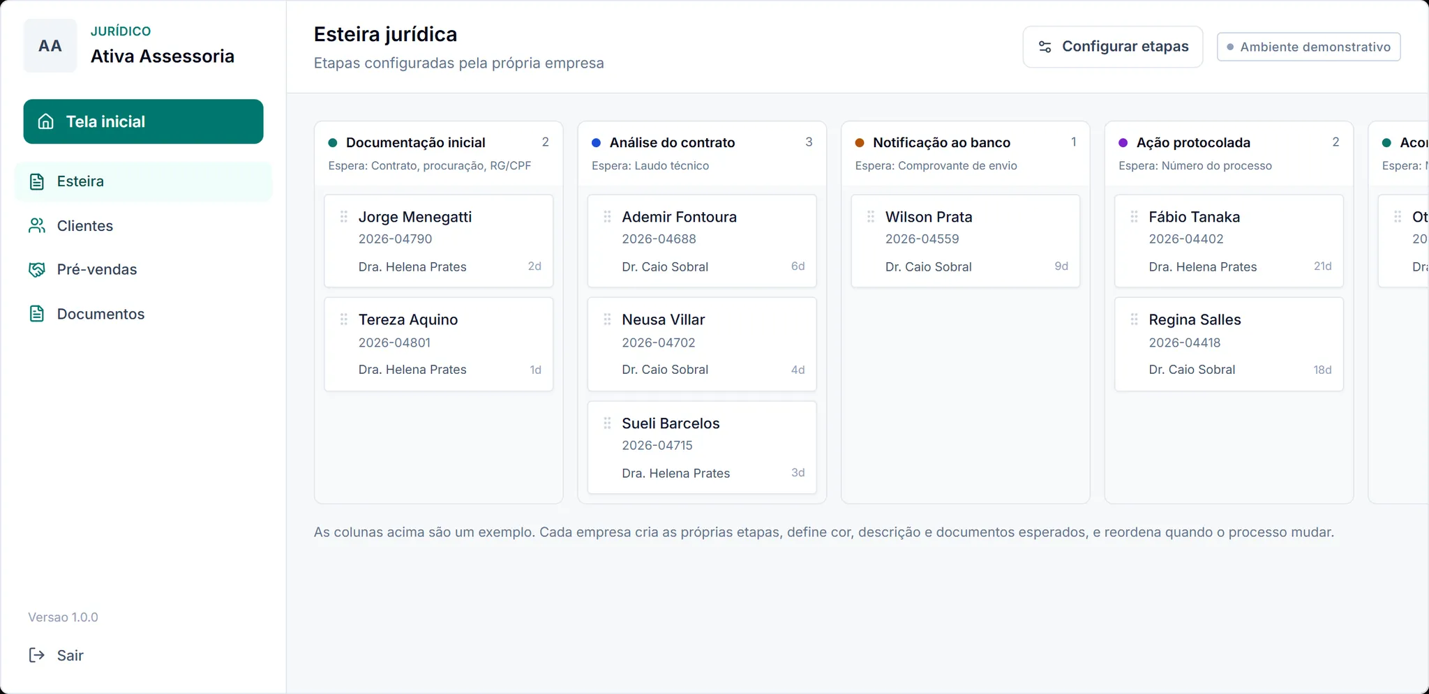 Esteira jurídica com etapas configuráveis e documentos esperados