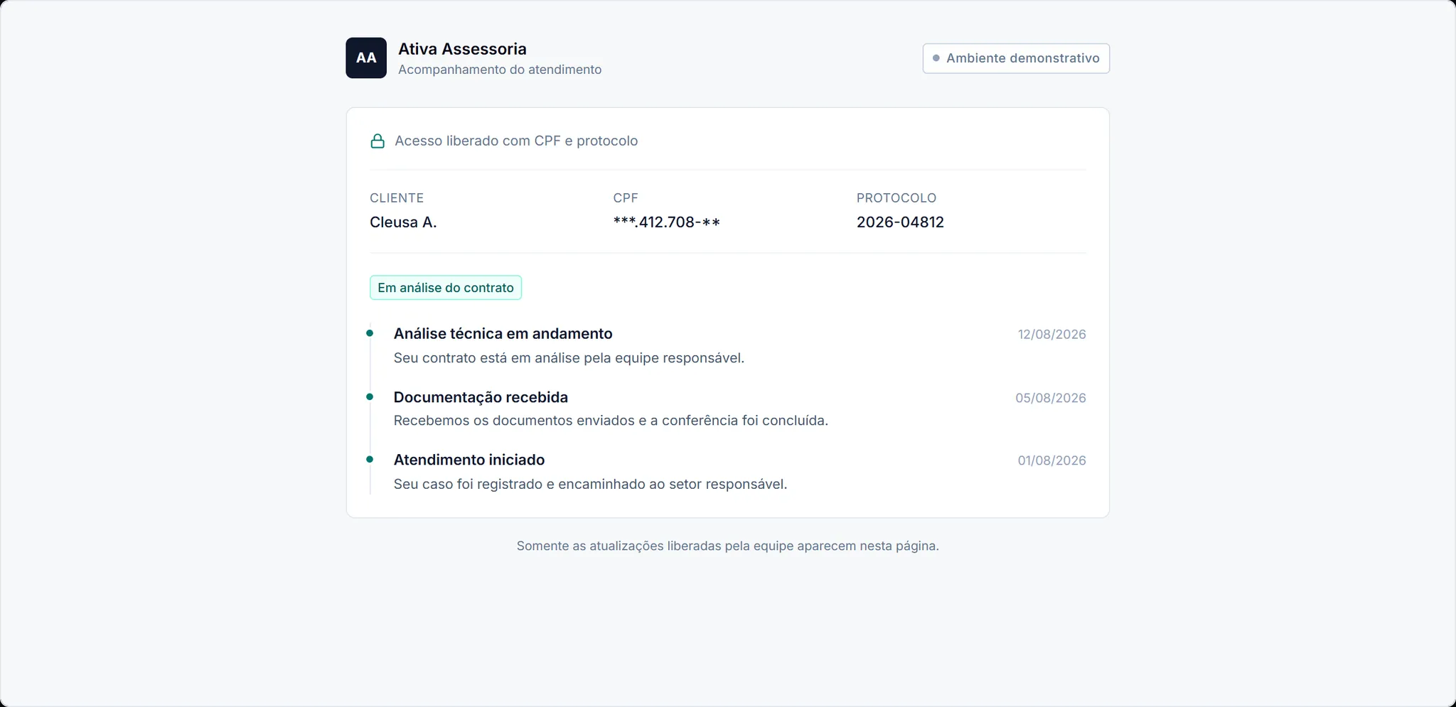 Portal público de acompanhamento, com CPF mascarado, protocolo e atualizações liberadas